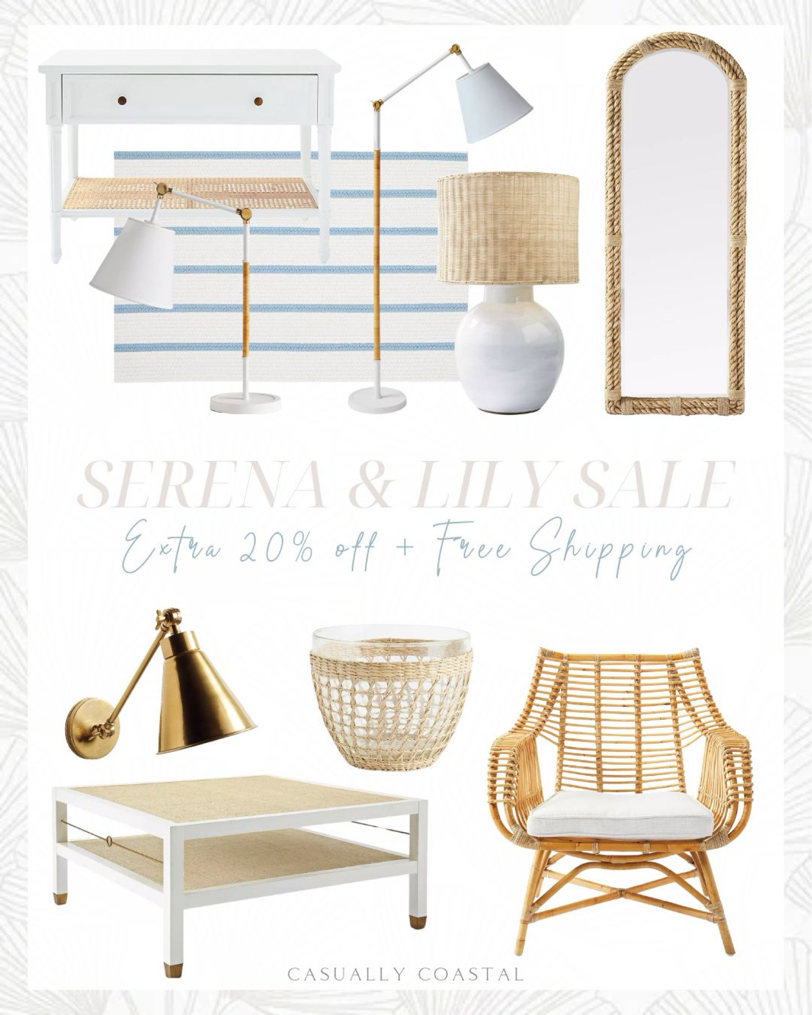 Serena & Lily's Tent sale is going on now through 12/31, with items up to 70% off clearance! Use secret code "JOYFUL" to get an additional 20% off sale prices & free shipping! 
-----
- coastal home decor, coastal style, beach house furniture, beach house decor, coastal furniture, rattan furniture, woven furniture, living room furniture, primary bedroom decor, white side tables, rope mirrors, coastal floor mirrors, full length mirrors, bedroom mirrors, living room end tables, bedroom refresh, white nightstands, cane nightstands, cane furniture, rattan accent chair, bedroom chairs, living room chairs, cabot coffee table, square coffee table, white coffee tables, woven coffee tables, seagrass serving bowls, kitchen decor, blue lamps, coastal lamps living room lamps, bedroom lamps, nightstand lamps, coastal floor lamps, coastal lighting, striped rugs, beach house rugs, blue & white rugs, serena & lily rugs, coastal rugs, rugs on sale, arched mirrors, brass sconces

#LTKFindsUnder100 #LTKSaleAlert #LTKHome