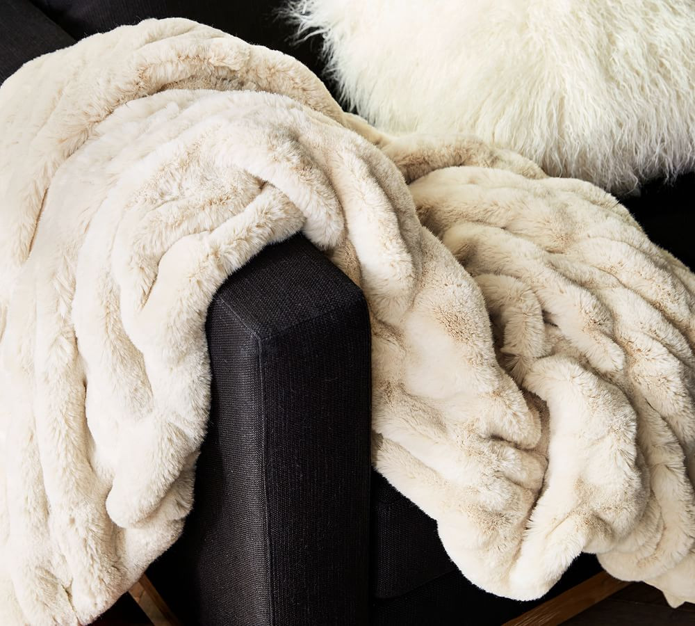 Faux Fur Ruched Throw, 50 x 60&amp;quot;, Ivory | Pottery Barn (US)