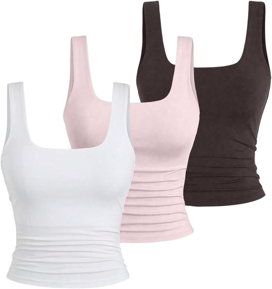 Women's Y2k Double Lined 3 Piece Crop Tank Top Sets Square Neck Sleeveless Ruched Tee Shirt Basic... | Amazon (US)