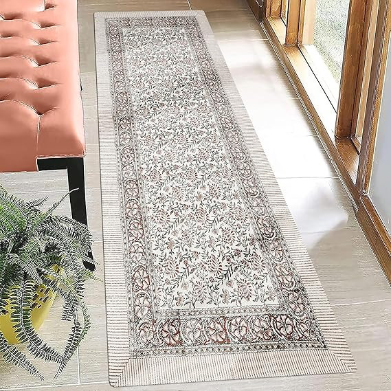 Cotton Runner 2.6x8 Kilim Runner Beige Green Floral Design Hand Block Printed Cotton Dhurrie Hand... | Amazon (US)