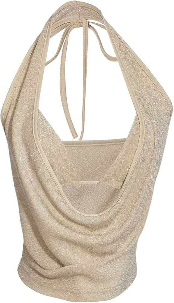 SweatyRocks Women's Glitter Draped Halter Tops Low Cut Going Out Top with Micro Crop 2 Piece Outf... | Amazon (US)