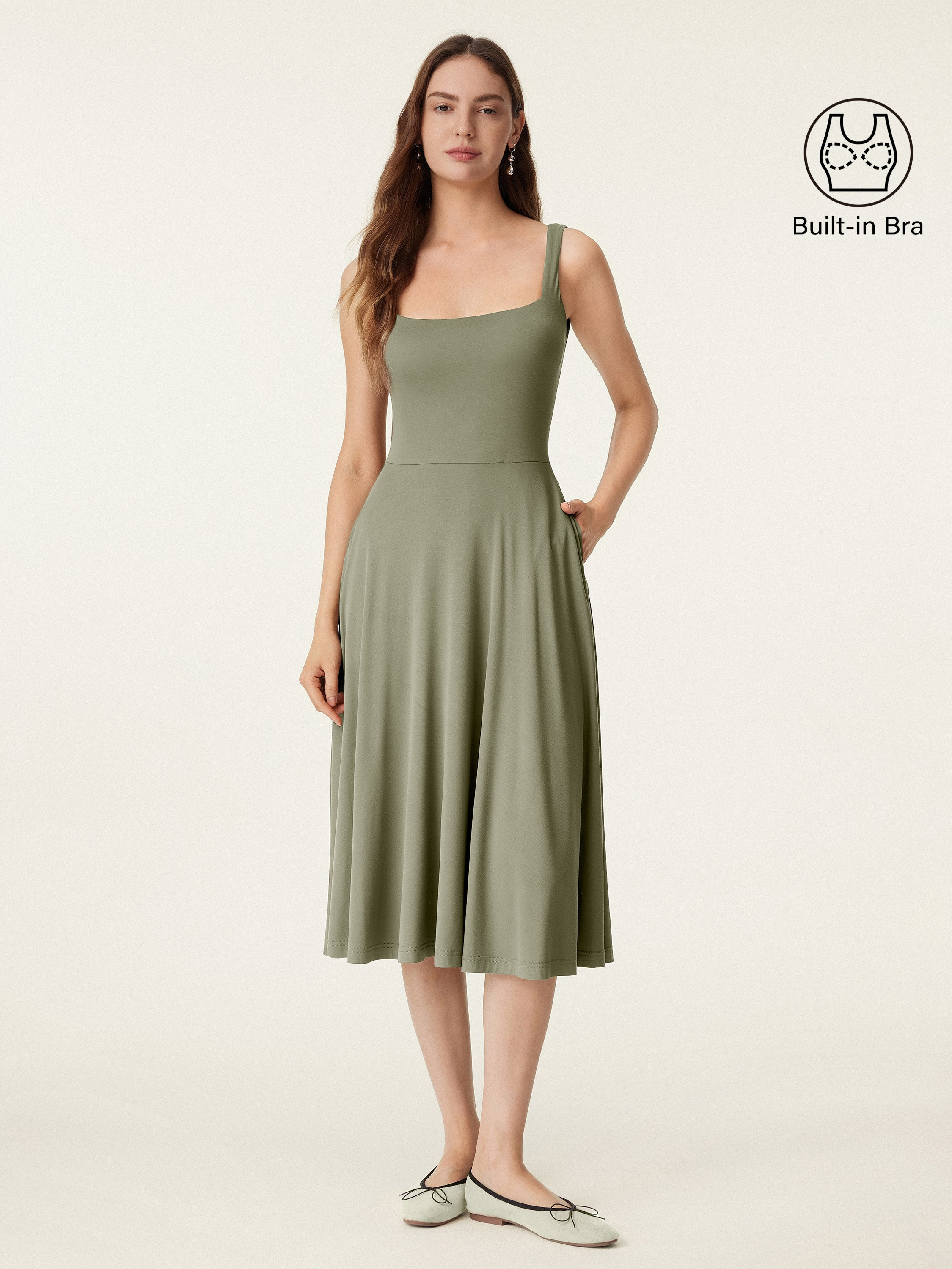 Square Neck Flowy New Airy Bra Midi Dress - Tate Olive / S | OGLmove
