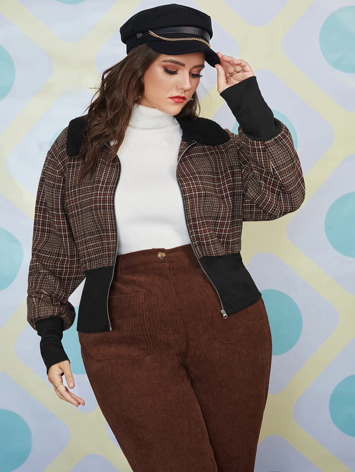 Plus Plaid Borg Collar Jacket | SHEIN