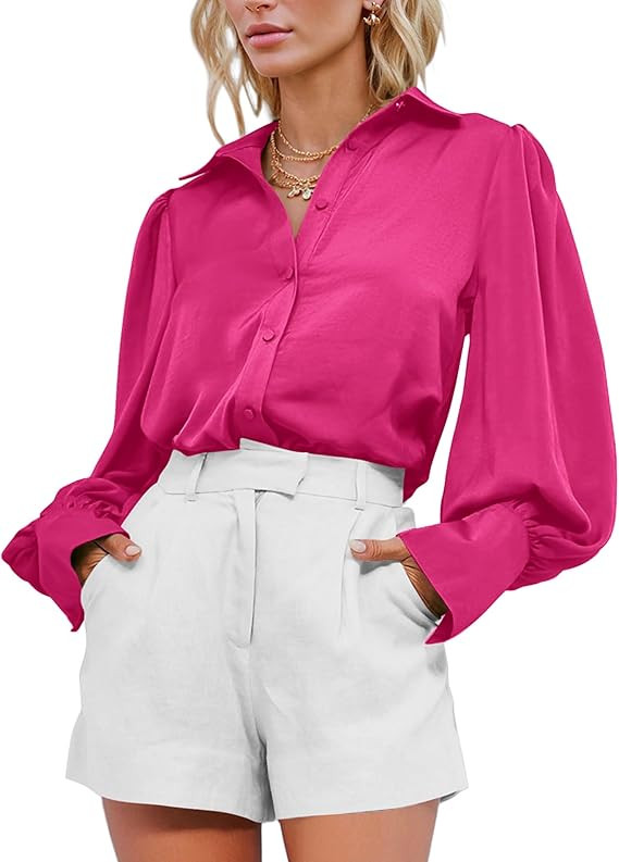 BTFBM Women Satin Button Down Shirts Summer Fall Lantern Long Sleeve Lapel V Neck Blouse Loose Ca... | Amazon (US)