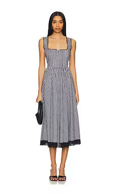 CAROLINE CONSTAS Alanna Apron Midi Dress in Black & Ivory Gingham from Revolve.com | Revolve Clothing (Global)