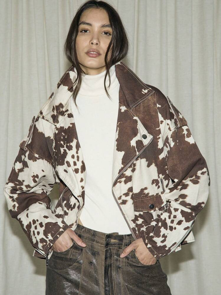 AiiRZ Designer Cow Print Biker Denim Jacket Western Distressed Trucker Cropped Outerwear Zip Front Fall Winter Fashion Statement Piece | SHEIN