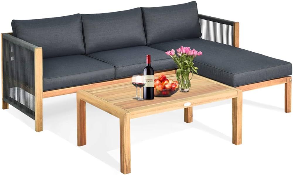 Tangkula L Shape Outdoor Furniture Set, 3 Piece Acacia Wood Patio Conversation Set, with 2 lovese... | Amazon (US)