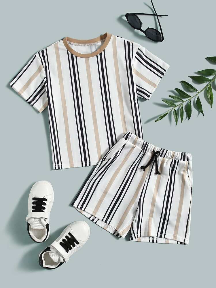 SHEIN Toddler Boys Striped Graphic Tee & Shorts Set | SHEIN