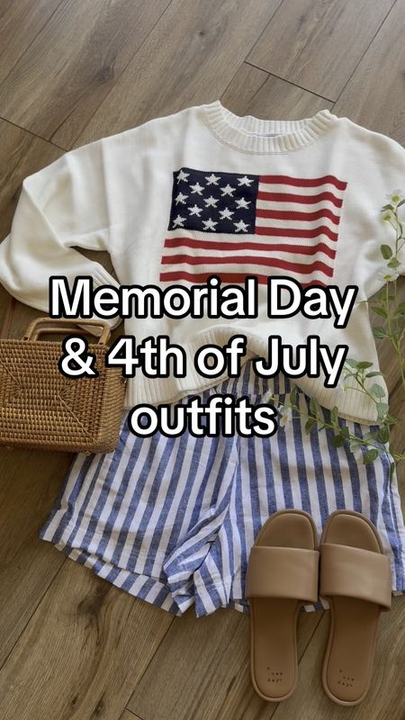 Memorial day outfits. Fourth of July outfits. American flag sweater. Summer outfits. Striped shorts. Memorial day weekend sale.