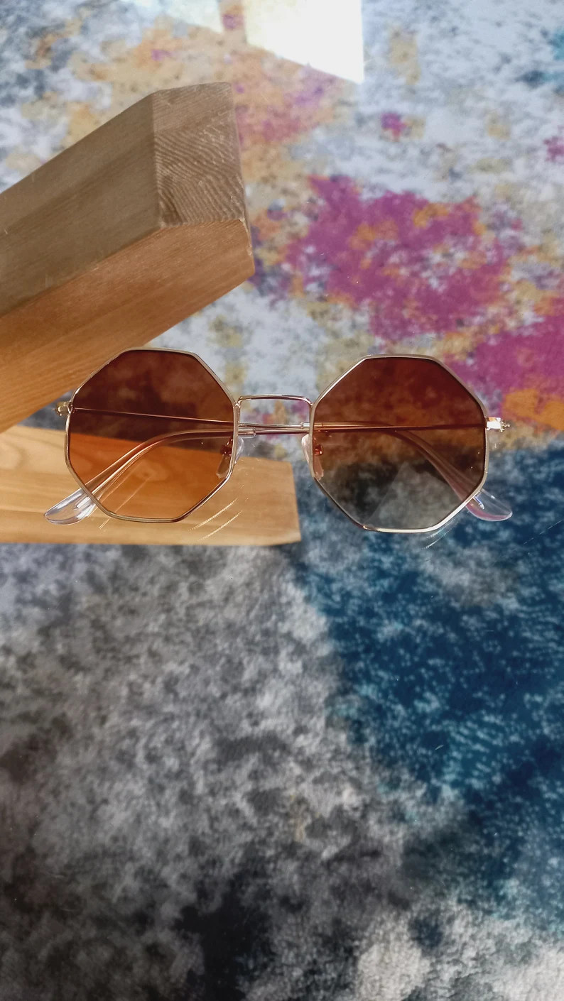 Vintage 00s Dark Brown Ombre Gradient Octagon Shaped Tinted Fashion Plastic Gold Metal Frame Sung... | Etsy (US)