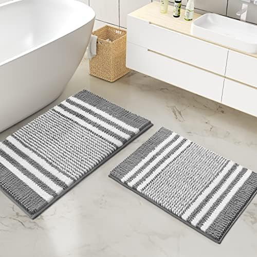 Bathroom Rugs Set 2 Piece, Extra Soft and Absorbent Fluffy Striped Chenille Bath Mat Rug Set, Non... | Amazon (US)