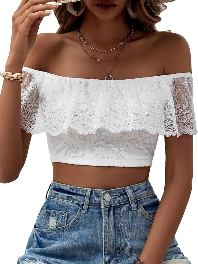 OYOANGLE Women's Contrast Lace Off Shoulder Short Sleeve Crop T Shirts Solid Plain Slim Fit Tee T... | Amazon (US)