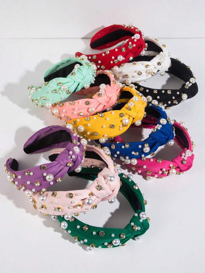 1pc Women's Headband Fashionable New Style Wide Edge Pearl & Nail Studded Knotted Hairband, Korea... | SHEIN