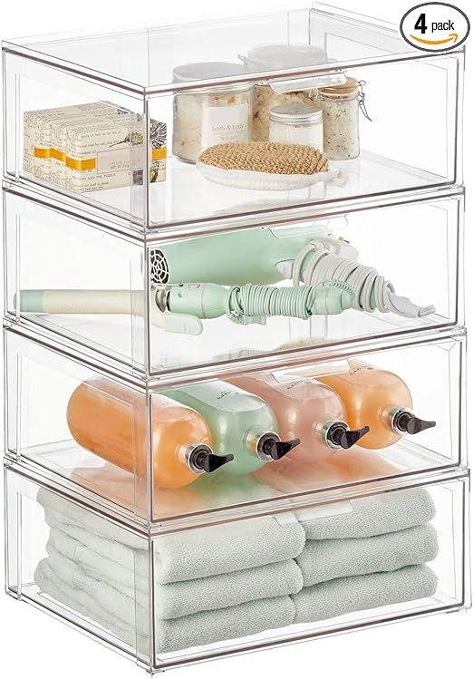 mDesign Plastic Stackable Bathroom Storage Organizer Bin Containers with Front Pull Drawer for Ba... | Amazon (US)