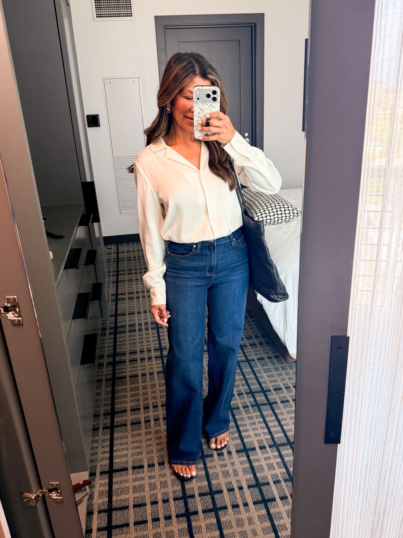I’m 5’2” 118#ish for reference 
Washable Silk Top in small tts
Jeans fit tts in Midnight Blue- wearing length 30” here; I also have 28” length.
Necklace is the .06 carat
Both bags are linked.
@onequince 
#QuincePartner

#LTKCon #LTKPetite #LTKOver40
