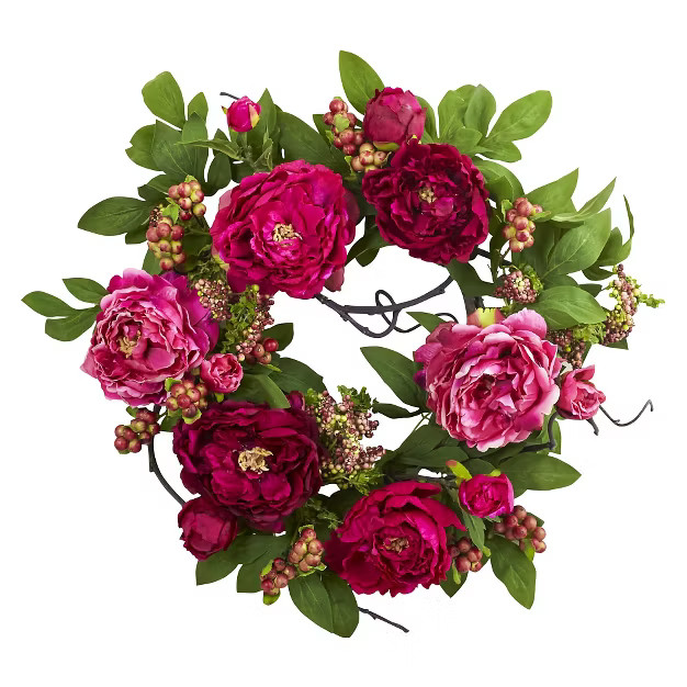 Mixed Peony and Berry Silk Wreath Fuchsia 20" - Nearly Natural | Target