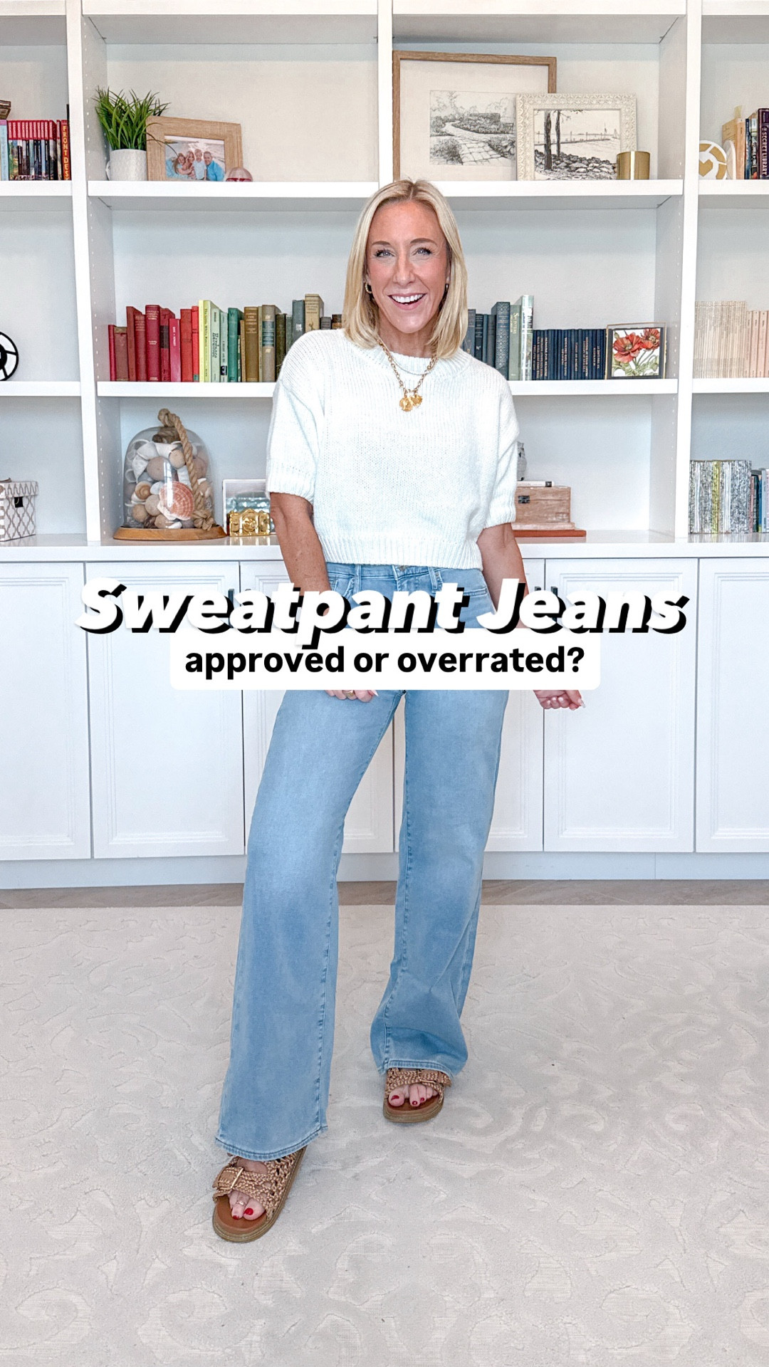 Sweatpant Jeans - Approved or overrated?
* Short sleeve sweater - size MEDIUM (I sized up one).
* Tank (under sweater) - size small.
* Dark Wash Wide Leg Jeans - Size: 25 - Inseam: 30. Color: Midnight Blue.
* High Rise Wide-Leg Sweatpant Jeans - size 25, regular length. Also comes in Washed Black. Currently 50% off (now $44.95.)
* Sandals - tts.
* Jewelry and sunglasses are linked too.

#LTKgrwm #LTKSaleAlert #LTKstorytime