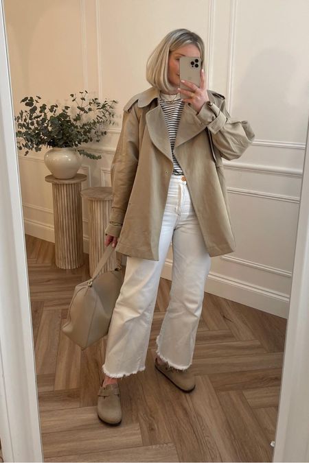 The perfect spring outfit - H&M white wide leg jeans, COS striped t-shirt, Arket beige short trench coat, Katie Loxton shoulder bag, birkenstock bostons

#LTKstyletip #LTKeurope #LTKitbag