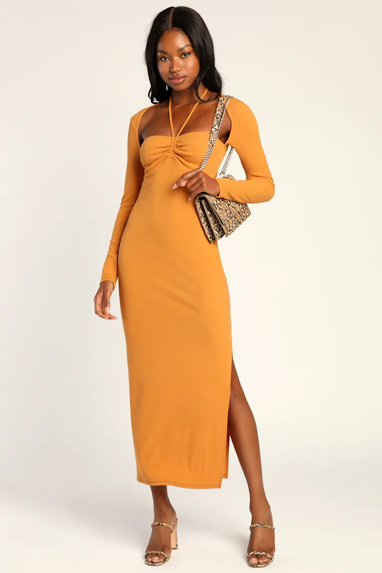 Tying for Love Orange Ribbed Knit Long Sleeve Halter Midi Dress | Lulus (US)