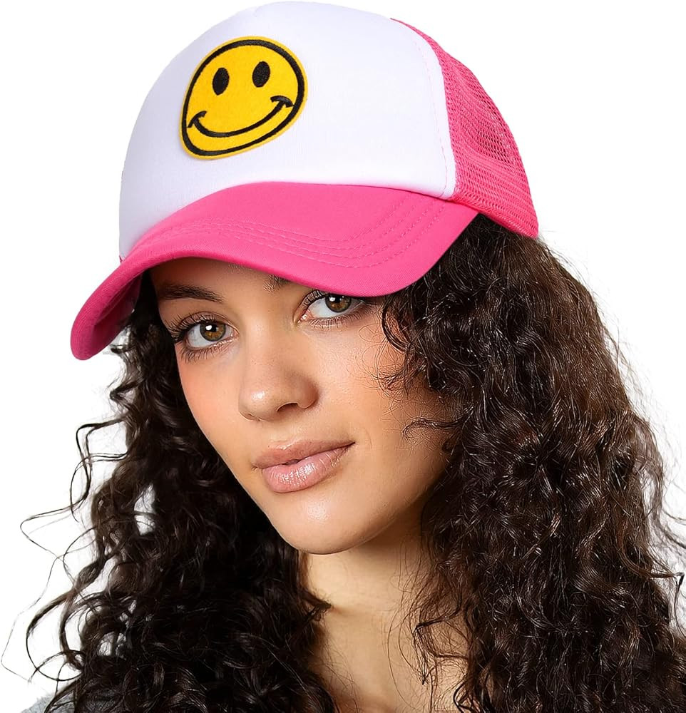 Smiley Face Trucker Hat Women Snap Backs Caps for Men Adjustable Yellow Glitter Mesh Baseball Hat | Amazon (US)