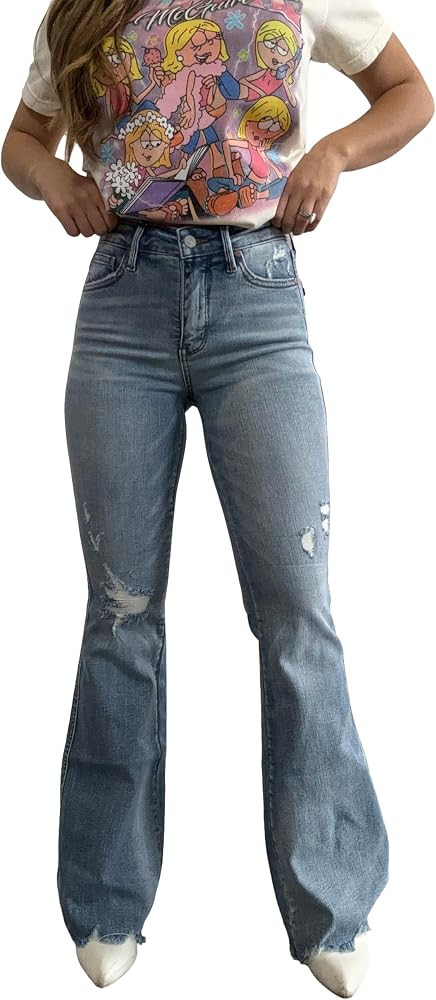 Willow Boutique Cindy Medium Rise Tummy Control Flare Jeans | Stretchy Bootcut Jeans for Women | Amazon (US)