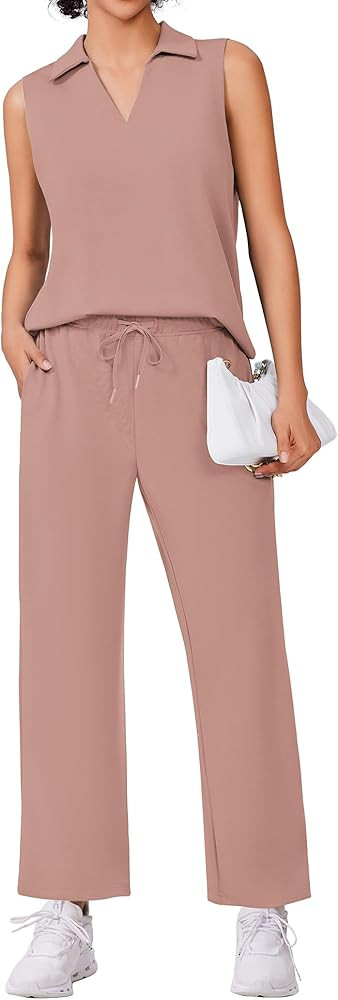 PINSPARK Two Piece Sets for Women Sleeveless Outfits Travel Tracksuit V Neck Top Wide Leg Pant Lo... | Amazon (US)