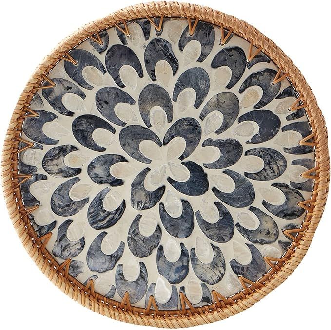 Round Rattan Tray with Mother of Pearl Inlay, Rattan Serving Tray with Wooden Base, Decorative Wi... | Amazon (US)