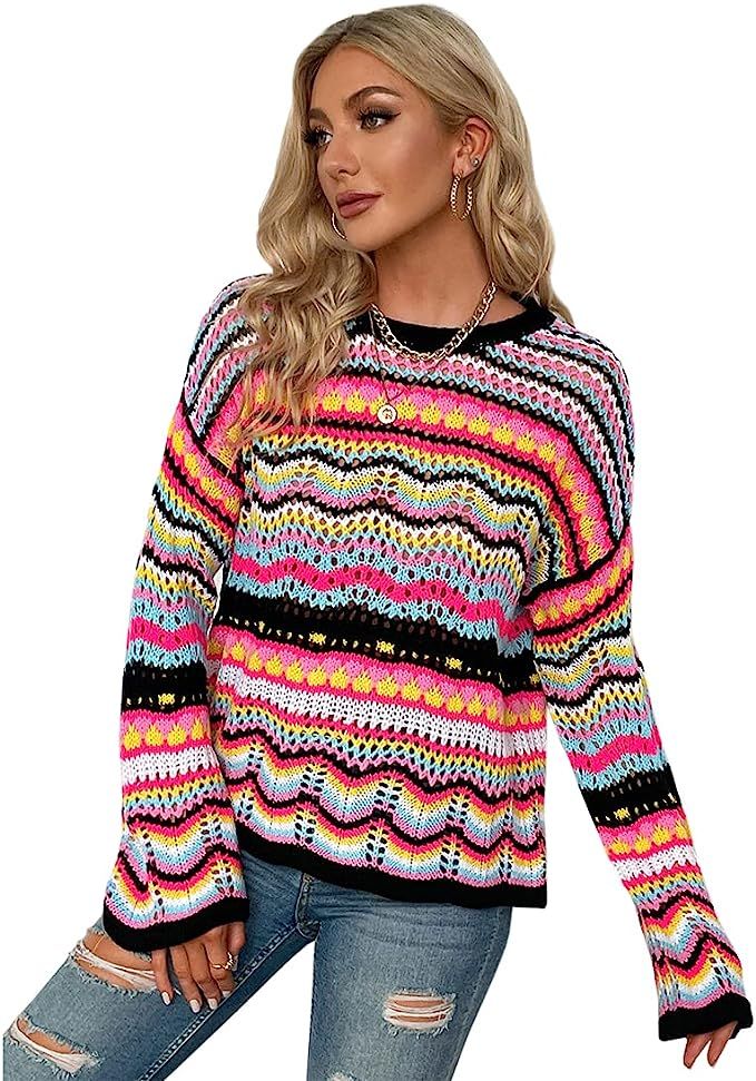 Crochet Sweaters for Women Hollow Out Pullover Sweaters Crop Top Striped Long Sleeve See Through ... | Amazon (US)