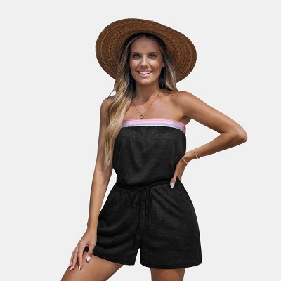 Cupshe Women's Strapless Striped Trim Drawstring Romper-S-Black | Target