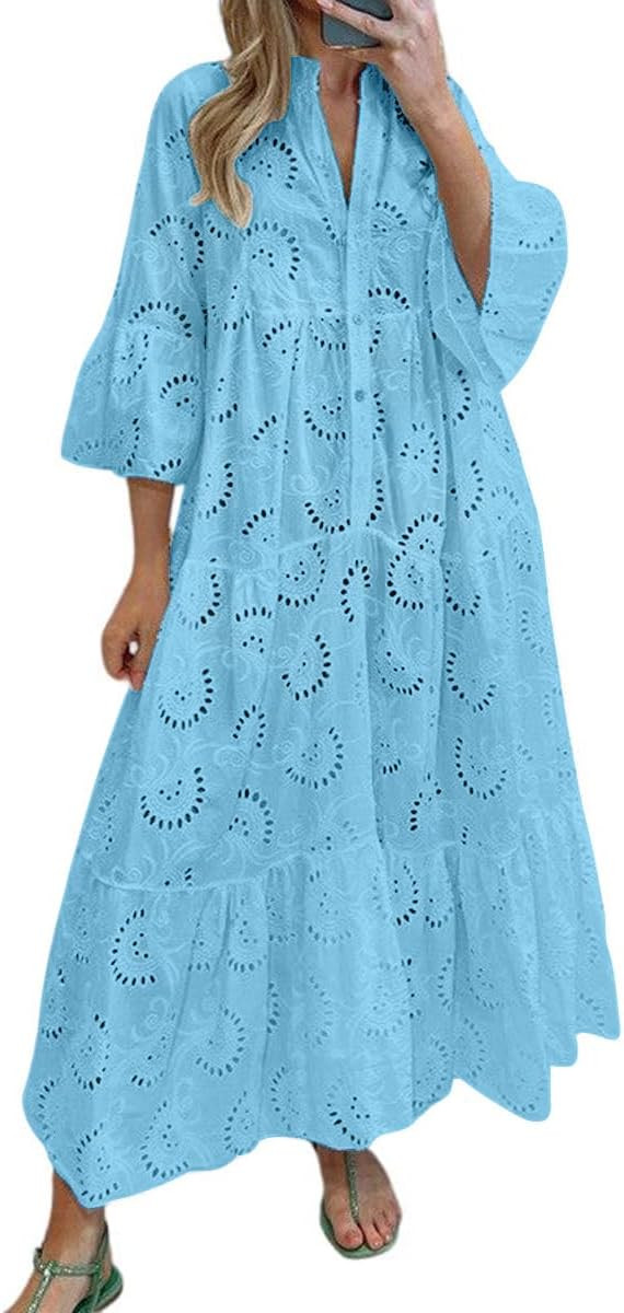 chouyatou Women's 2026 Lace Eyelet Embroidery Maxi Dress V-Neck Trumpet Sleeve Boho Flowy Swing Dress | Amazon (US)