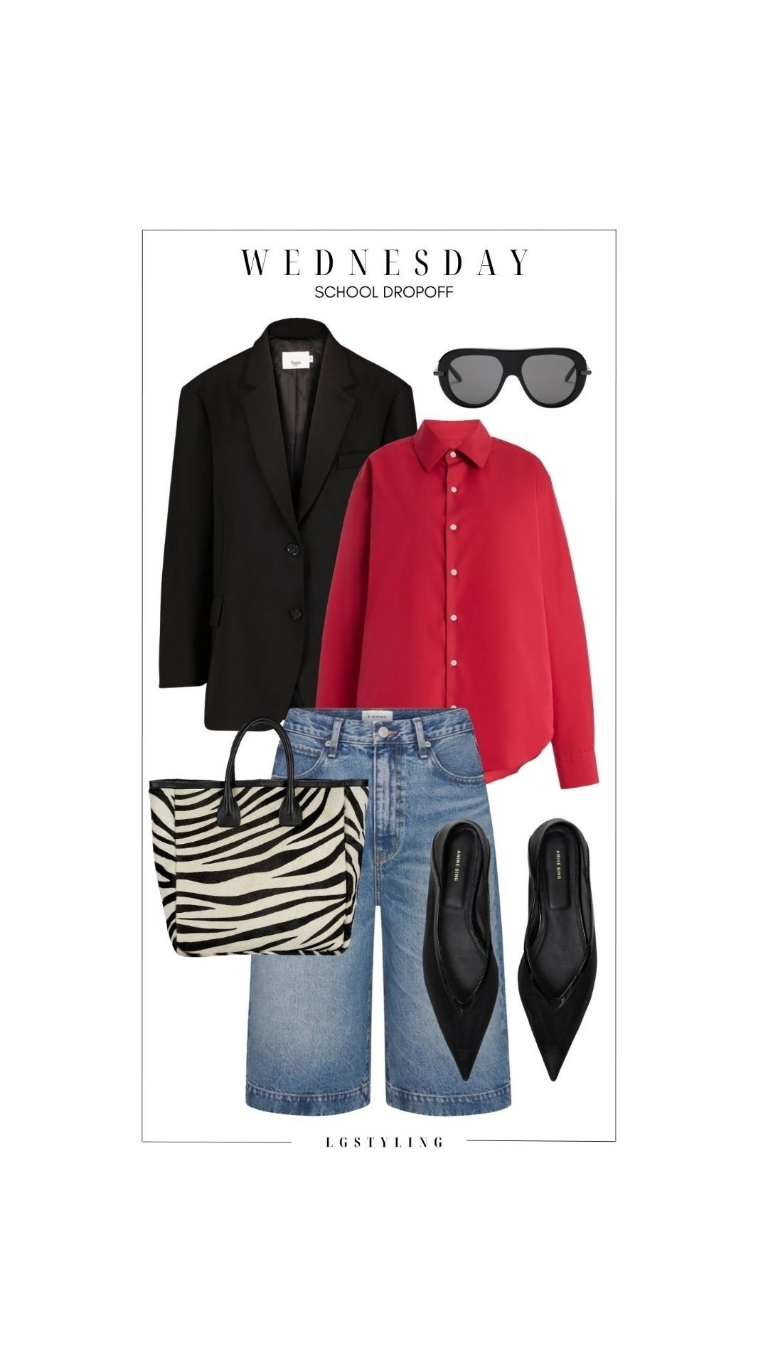 Wednesday — School Drop-Off

Proof that school drop-off can still have a little fashion moment. Longline blazer, relaxed denim shorts and an oversized red button-down, finished with pointed flats and a zebra tote. Easy, practical, but definitely not boring. #SchoolDropOffStyle #MomStyle #CasualOutfit #PersonalStyle