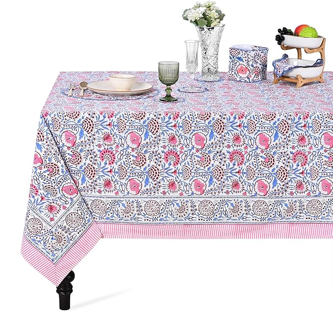 Pigeon Blue and Flamingo Pink Hand Block Print Cotton Rectangle Tablecloth 90" x 60" inches Reusa... | Amazon (US)