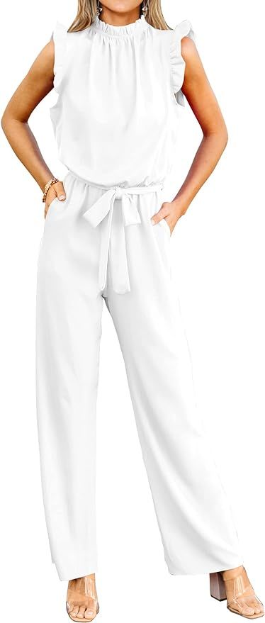 KIRUNDO Jumpsuits For Women Summer Dressy One Piece Sleeveless Ruffle Mock Neck Belt Pockets Form... | Amazon (US)