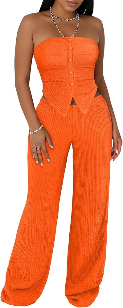 LovelyWholesale Sexy 2 Piece Outfits for Women Textured Tube Top and High Waist Wide Leg Pant Set | Amazon (US)