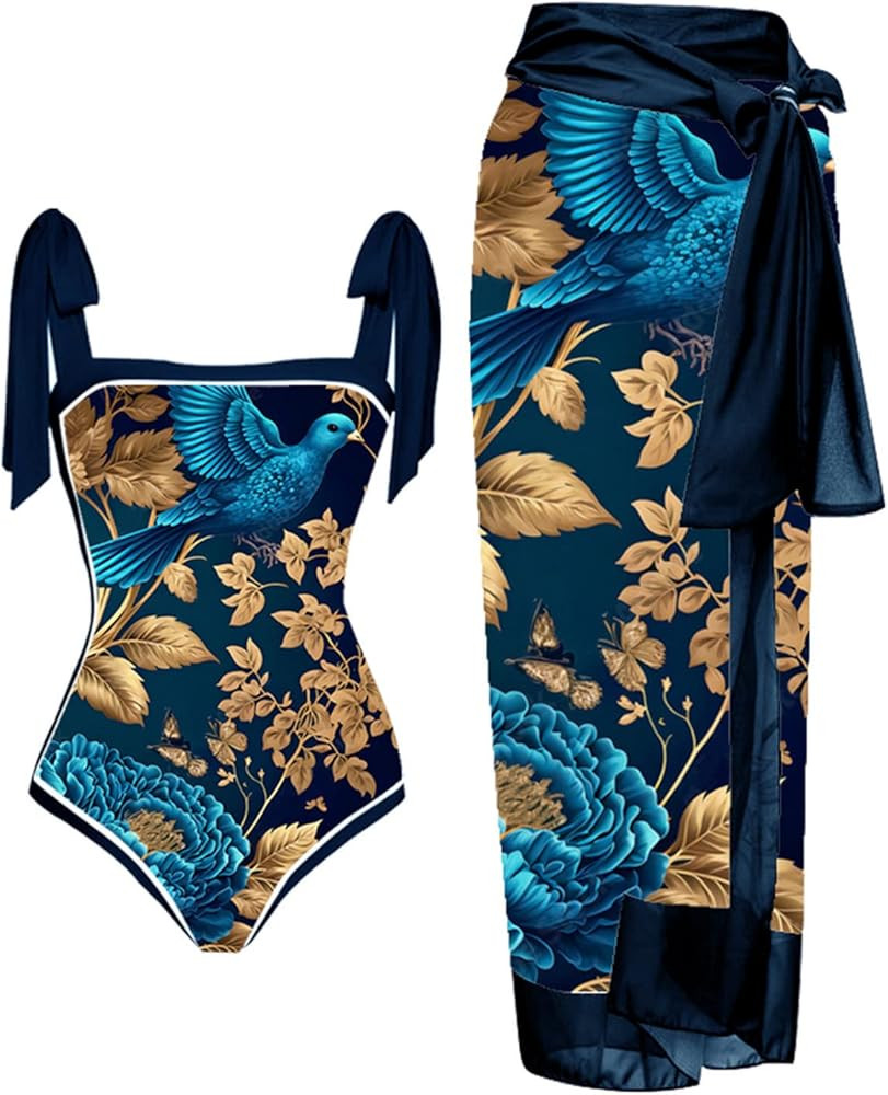 Women's One Piece Swimsuit with Beach Cover Up Wrap Skirt Sarong Floral Print Bikini Set Two Piec... | Amazon (CA)