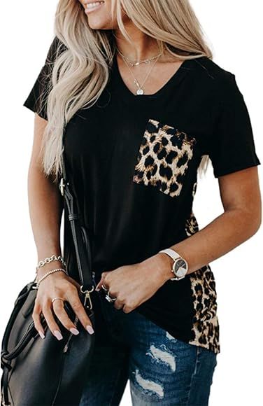 Women's Leopard Print Tops Loose V Neck Shirts Short Sleeve Blouses with Pocket | Amazon (US)