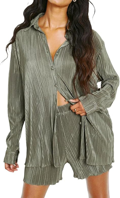 Women 2 Piece Pleated Pants Set Long Sleeve Button Shirt Blouse Top Long Wide Leg Pants Outfits S... | Amazon (US)