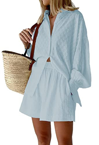 Fixmatti Women Casual 2 Piece Tracksuit Loose Button Blouse Shirt Top High Wasit Elastic Shorts Set Summer Outfits Blue S | Amazon (US)