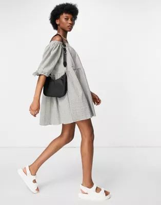 ASOS DESIGN off shoulder tiered mini dress with tie sleeves in khaki gingham | ASOS (Global)