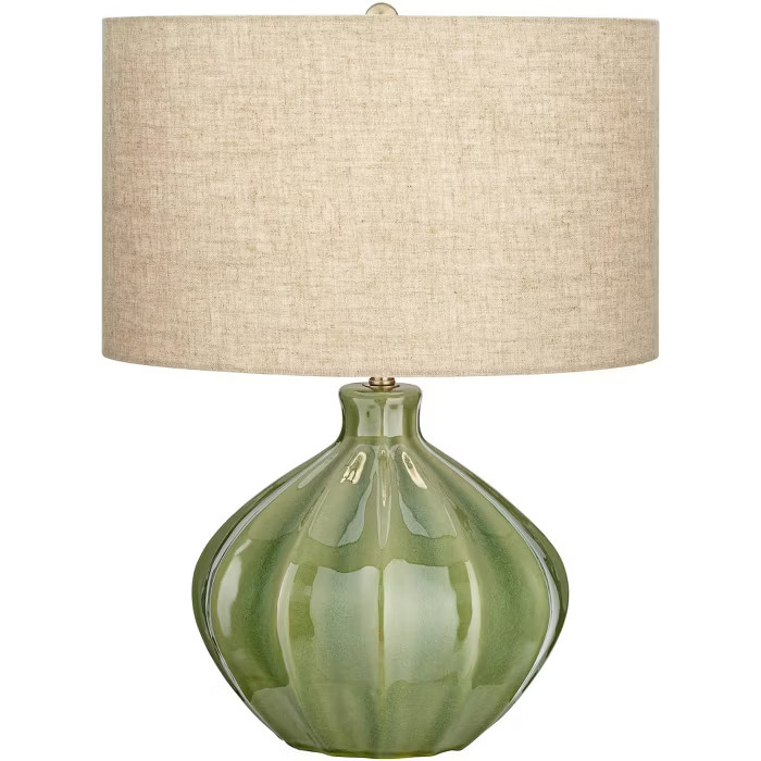 360 Lighting Modern Accent Table Lamp Handcrafted Ribbed Green Ceramic Oatmeal Fabric Drum Shade ... | Target