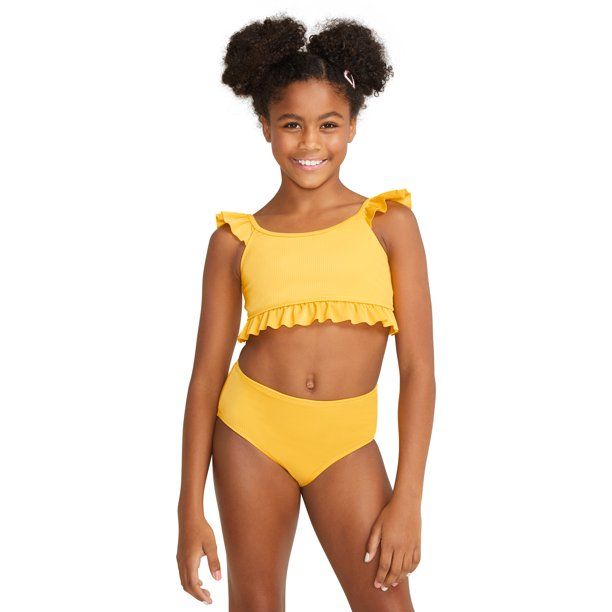 Justice Girls 2 Piece Recycled Poly Rib Ruffle Swimsuit Bikini, Sizes 5-18 - Walmart.com | Walmart (US)