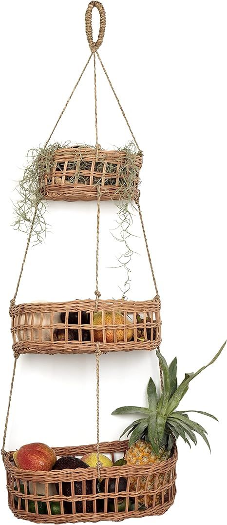 RAK BAHN Hanging Fruit Basket For Organizing And Storage – 3 Tier Rattan Wall Baskets In Kitche... | Amazon (US)