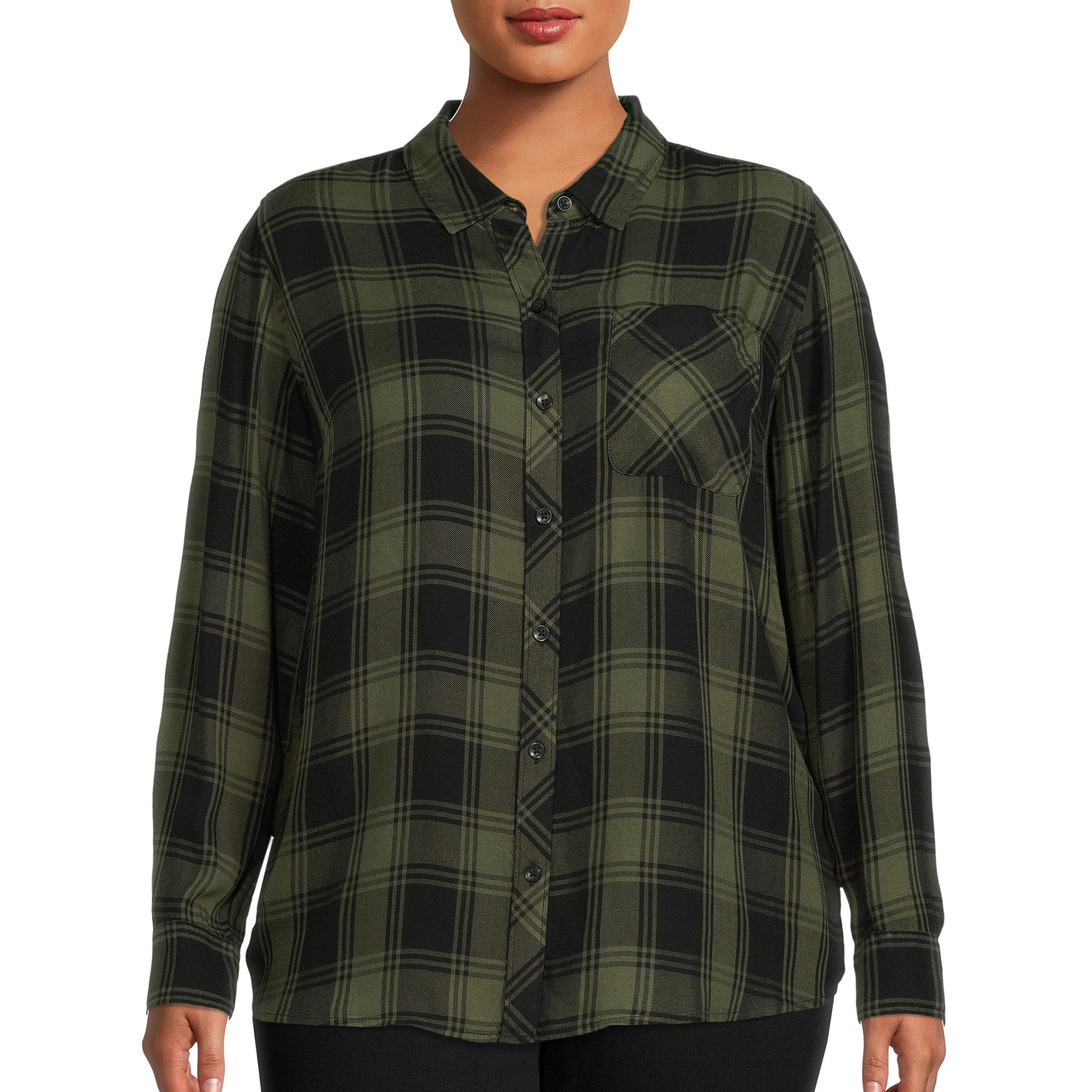 Terra & Sky Women's Plus Size Plaid Button-Down Shirt - Walmart.com | Walmart (US)