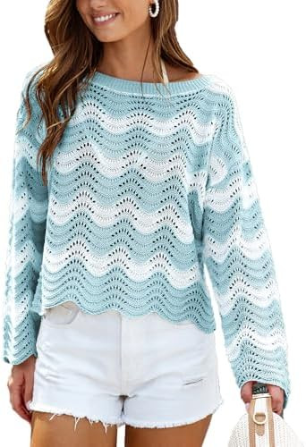 CUPSHE Women's Crochet Cover Up Long Sleeve Striped Beach Cover Up Top Summer Casual Knit Tops fo... | Amazon (US)