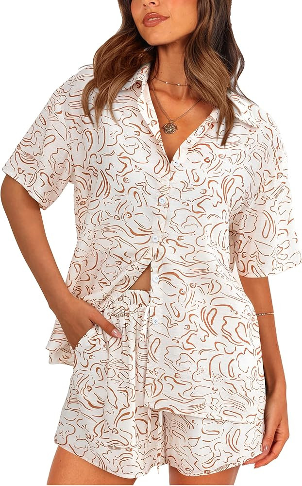PRETTYGARDEN Womens 2 Piece Summer Beach Outfits Printed Short Sleeve Tops Lounge Shorts Casual T... | Amazon (US)