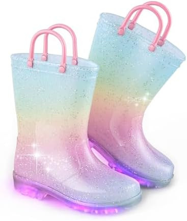EUXTERPA Girls Glitter Light Up Waterproof Rain Boots Toddler Kids Rainbow Boots with Easy On Han... | Amazon (US)