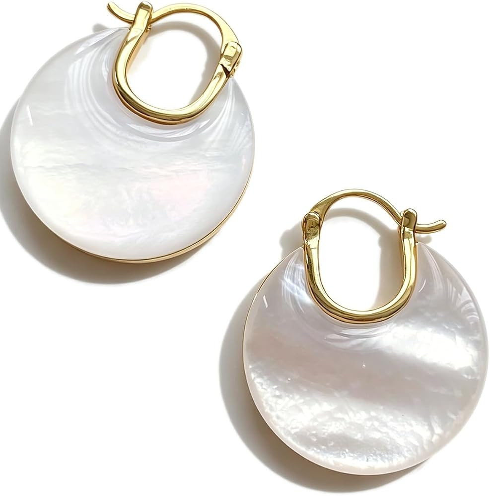 Mother of Pearl Moon Phase Hoop Earrings for Women, Iridescent Shell Dangle Earrings, Lightweight... | Amazon (US)