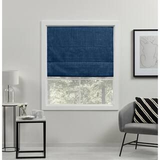 EXCLUSIVE HOME Acadia Chambray Blue Cordless Total Blackout Polyester Roman Shade 27 in. W x 64 in.  | The Home Depot