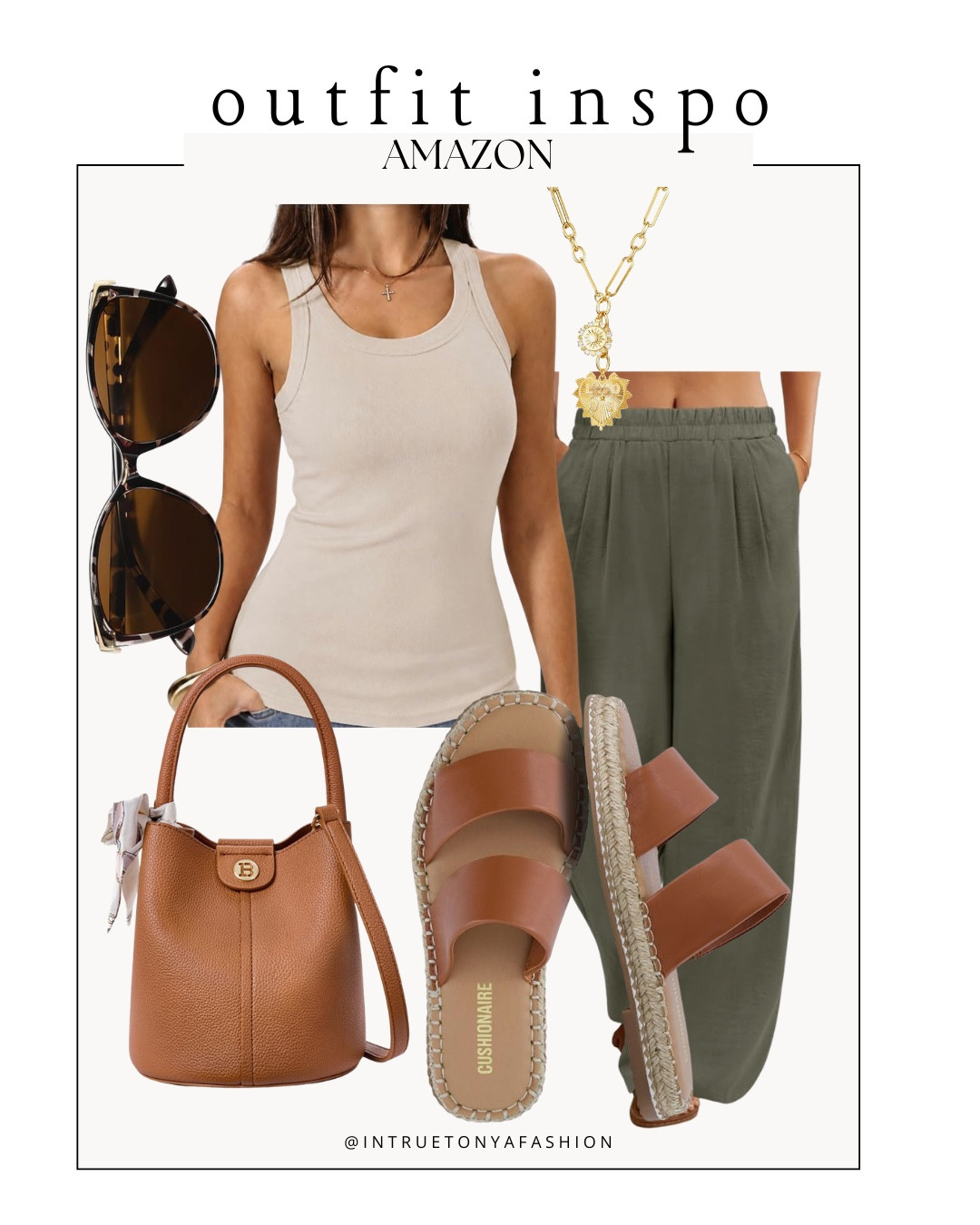 Casual summer outfit from amazon — beige tank top with built in shelf bra, olive green linen pants, bucket bag purse, brown sandals, gold necklace and sunglasses






Size 6/8 summer outfit ideas, midsize summer outfit, casual summer style, effortless everyday style, Amazon fashion midsize, petite Amazon fashion, coffee run outfit, SAHM outfits for summer, wide leg summer pants,

#LTKootd #LTKSaleAlert #LTKPetite
