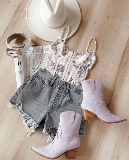 Get ready for a country music fest! 

Items shown:

1) Night Rhythm Ivory Floral Toile Sleeveless Bustier Bodysuit (under $60).

2) 501 Original High Rise Medium Wash Distressed Denim Shorts (under $70).

3) Bambi Lavender Snake-Embossed Pointed-Toe Ankle Boots ($100).

Keywords: Western outfit, floral bodysuit, cowboy boots, lavender cowboy boots, denim jeans, denim shorts, country music, country music outfit, festival, party outfit, travel outfit, country fest, Western outfit 

#LTKfindsunder100 #LTKtravel #LTKFestival